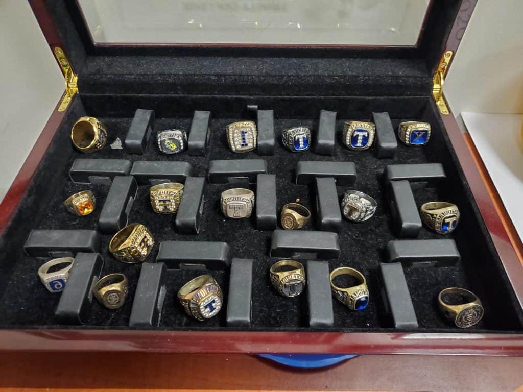 A collection of Trinity's squash championship rings.